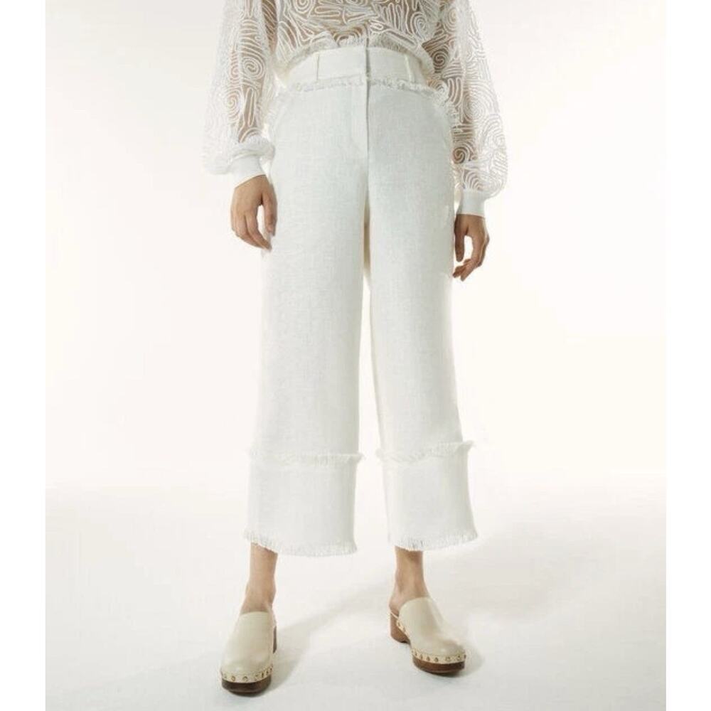 Uterqüe Women Off White Wide Leg Crop Pants Textured Raw Hem Fringe High Waist S